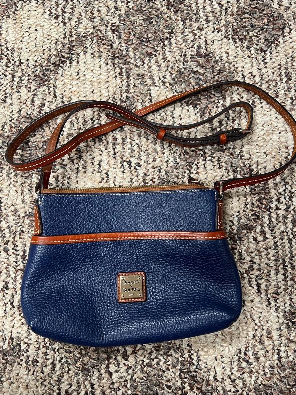 Dooney & Bourke Navy Pebbled Leather Crossbody with Brown Trim